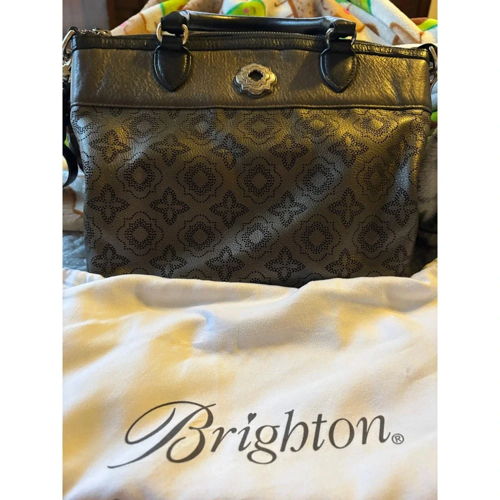 Brighton Metallic Pewter Perforated Leather Tote Crossbody Bag F356325‎